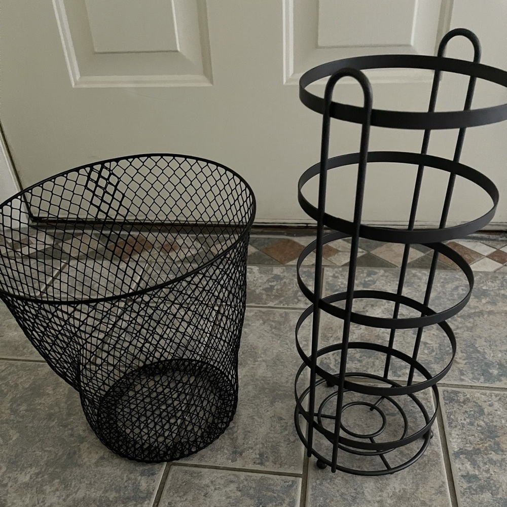 Toilet paper holder and wastebasket bathroom